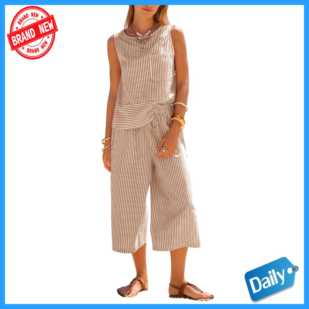 Cotton 2-Piece Set Sleeveless Top Wide Leg Capri Pants Vacation Outfit